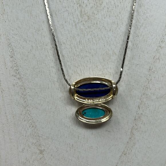 Vintage Oval Shape Turquoise & Lapis 925 Sterling Silver Necklace Size 3/4 inch - Picture 5 of 11